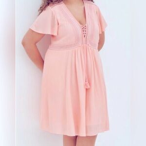 Peach Mini Gauze Lace-Up Skater Dress NWOT